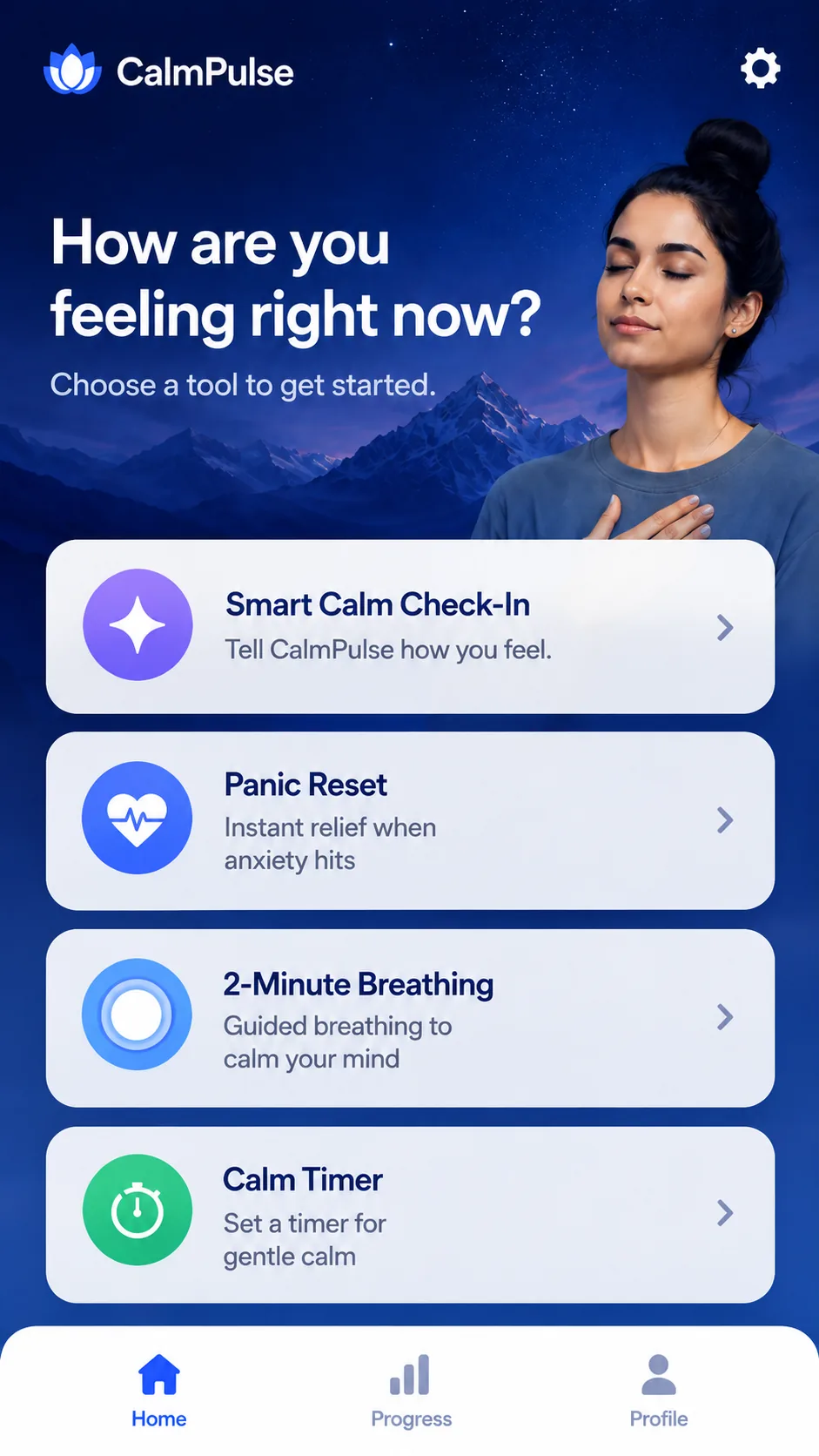 CalmPulse app home screen showing Smart Calm Check-In, Panic Reset, Breathing, and Calm Timer