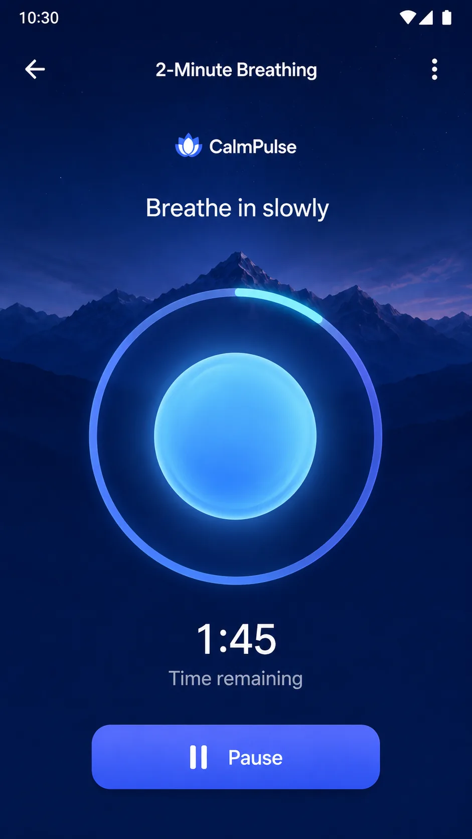 CalmPulse 2-Minute Breathing exercise screen