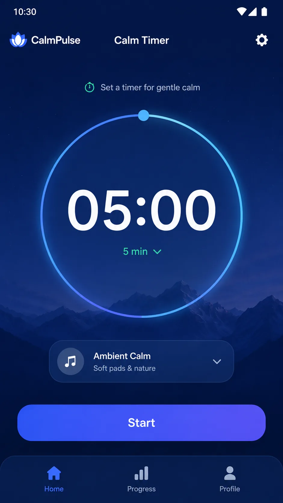 CalmPulse Calm Timer screen with relaxing timer controls