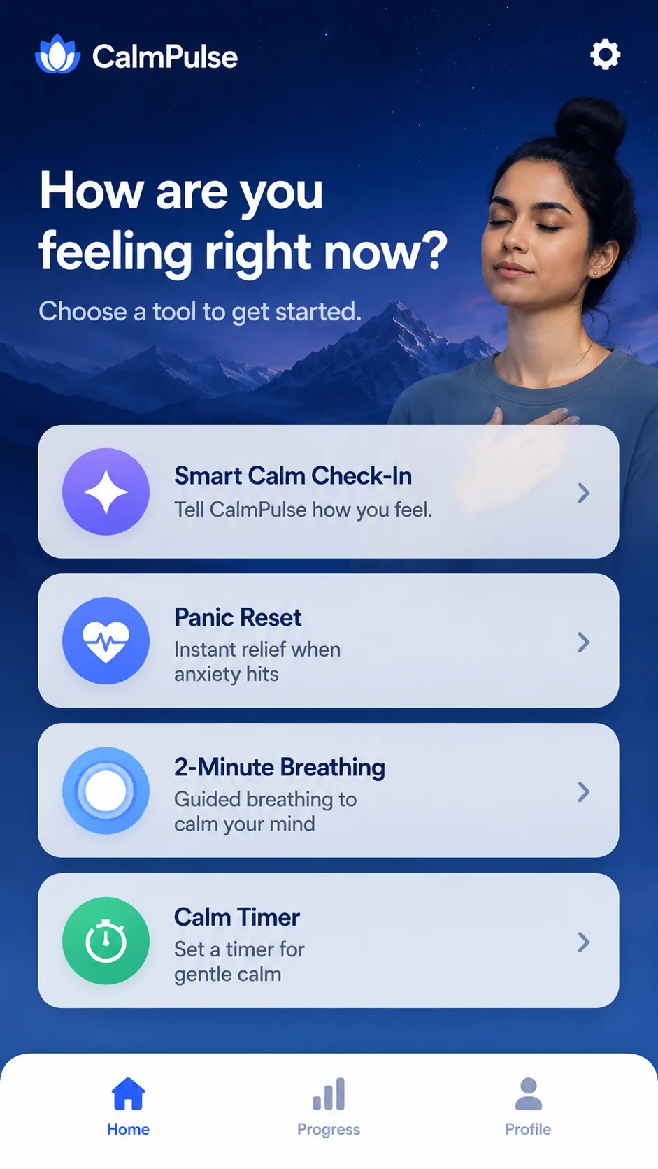 CalmPulse home screen with Smart Calm Check-In, Panic Reset, Breathing, and Calm Timer