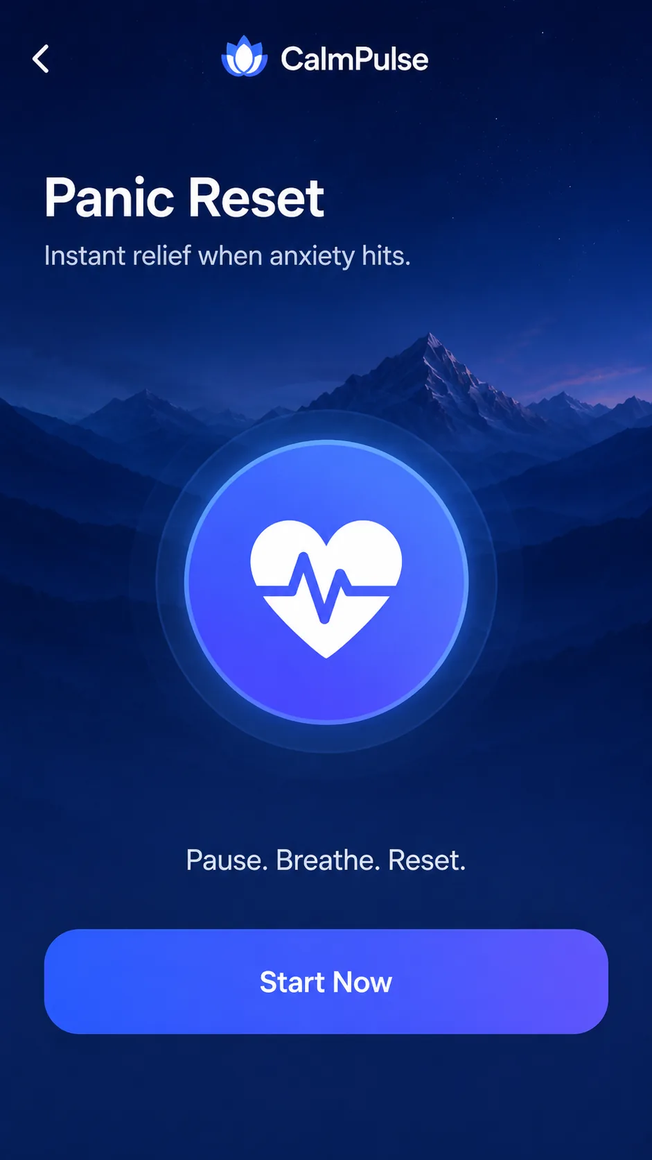 CalmPulse Panic Reset screen for anxiety relief support