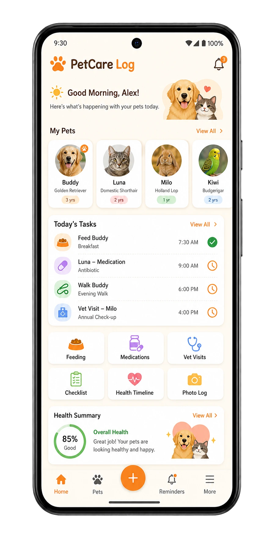PetCare Log home dashboard screen