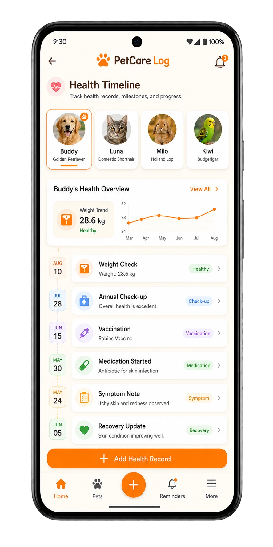 PetCare Log feeding tracker screen
