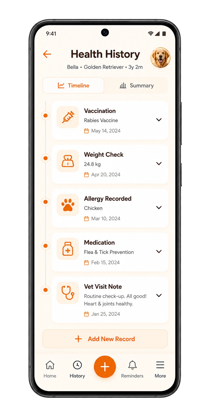 PetCare Log pet health history screen for vet visits, symptoms, medication, and health records
