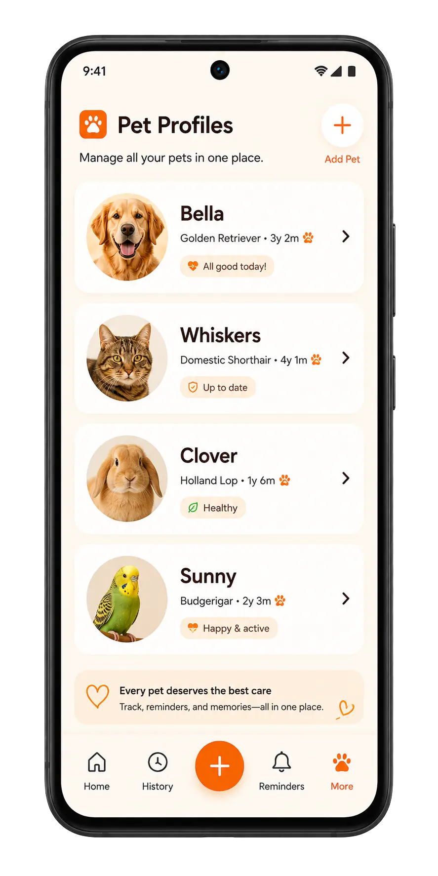 PetCare Log pet profiles screen for dogs, cats, birds, bunnies, and every pet