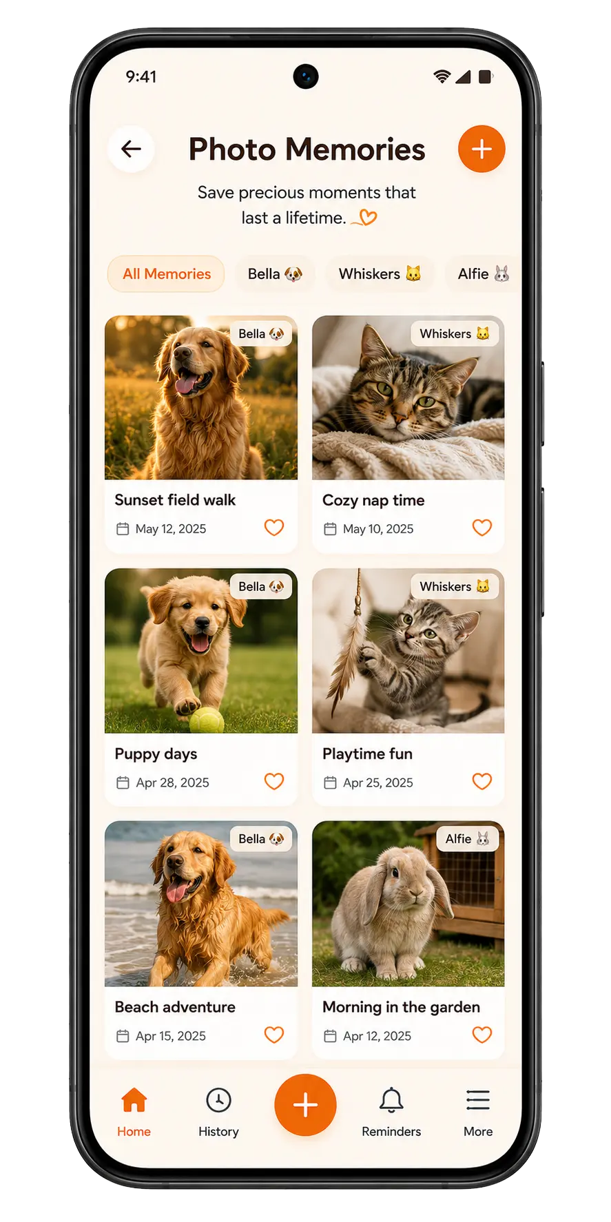 PetCare Log photo memories screen for saving pet photos and special moments