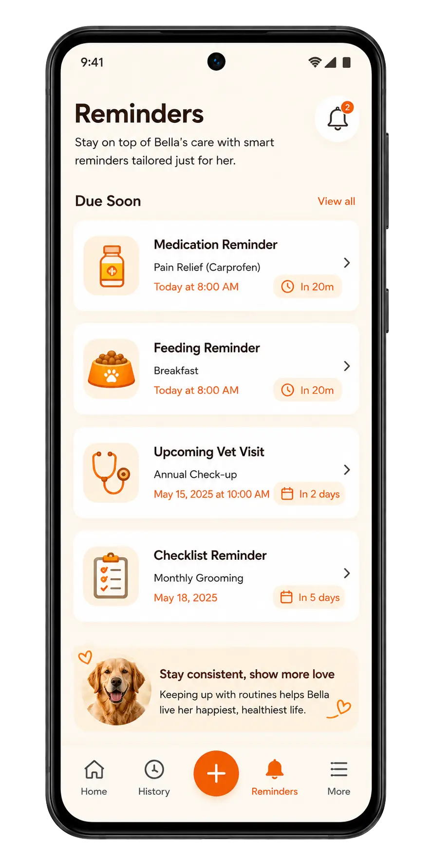 PetCare Log smart pet reminders screen for feeding, medication, vet visits, and daily care