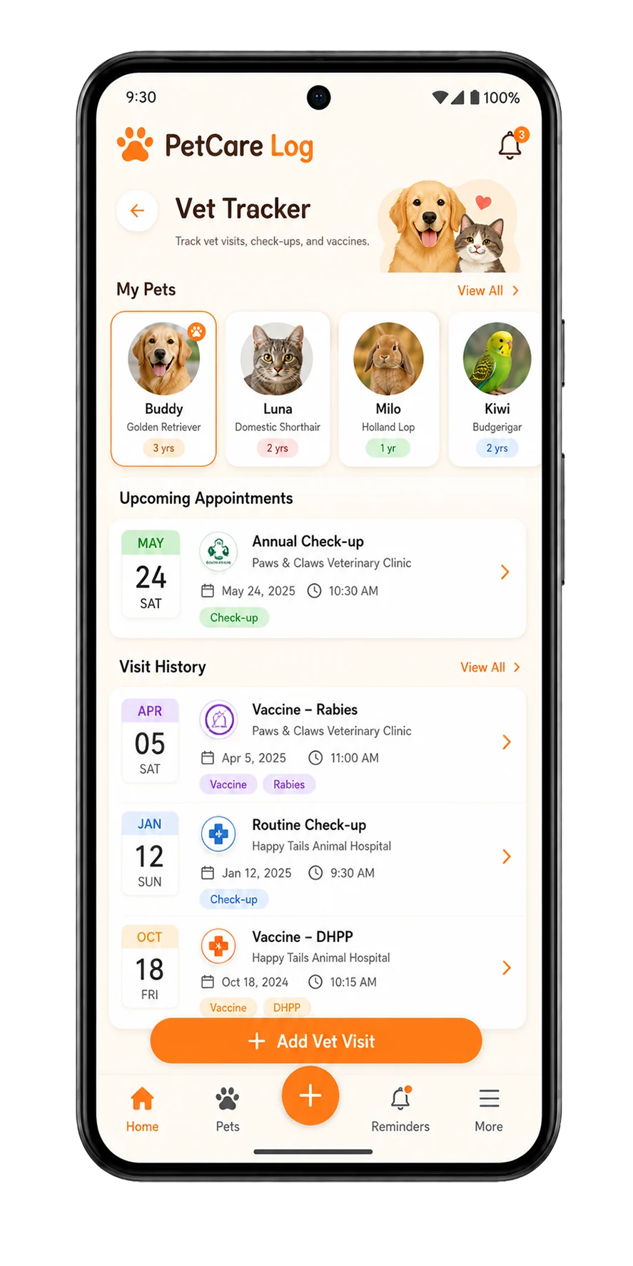 PetCare Log vet visit log screen