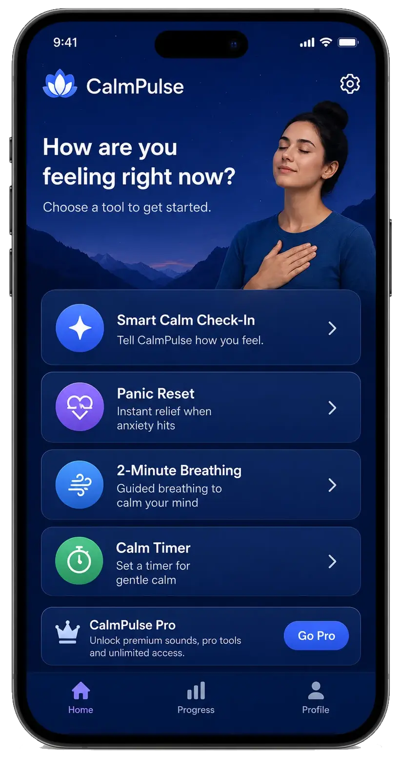 CalmPulse app home screen with breathing and calming tools