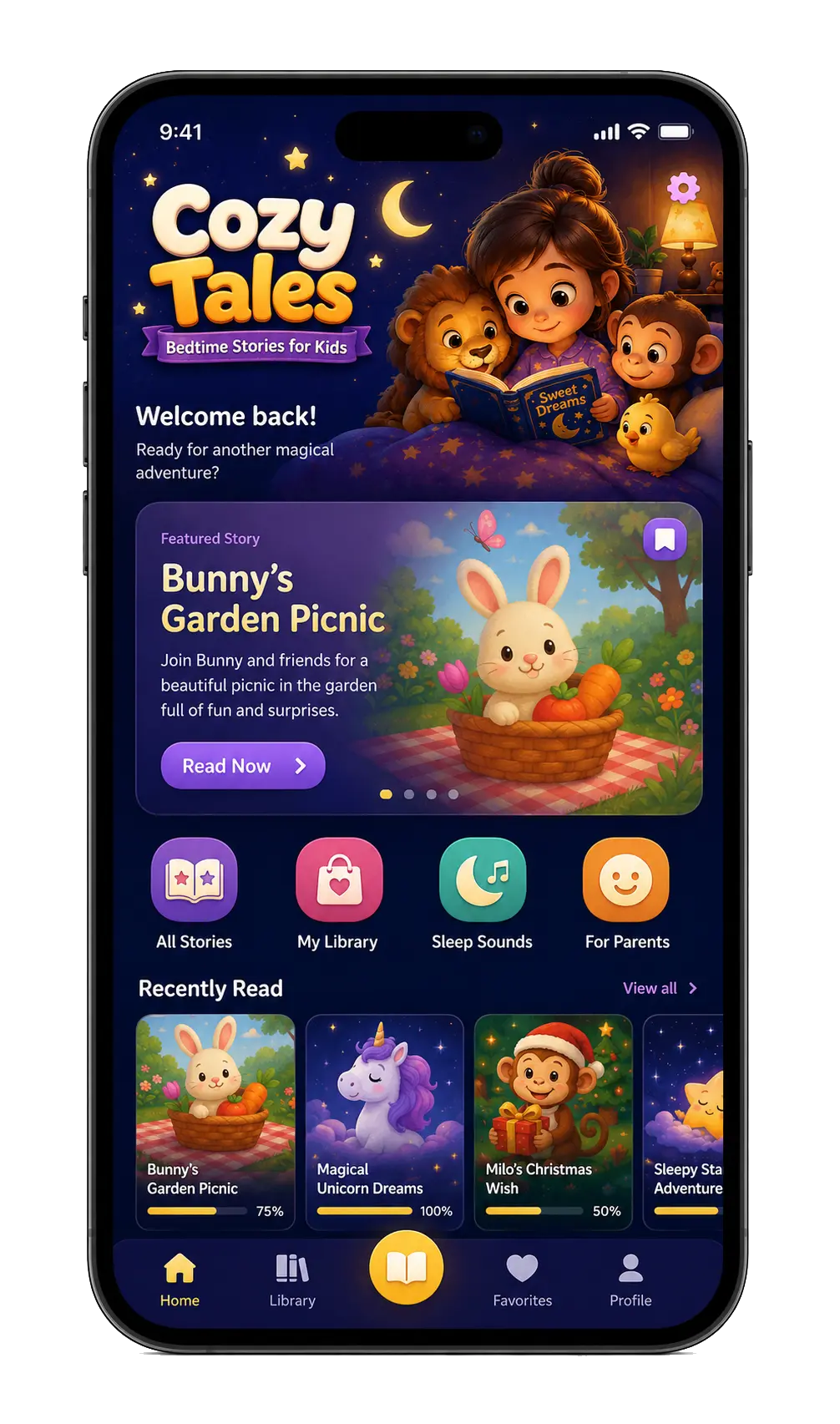 Cozy Tales bedtime stories app home screen