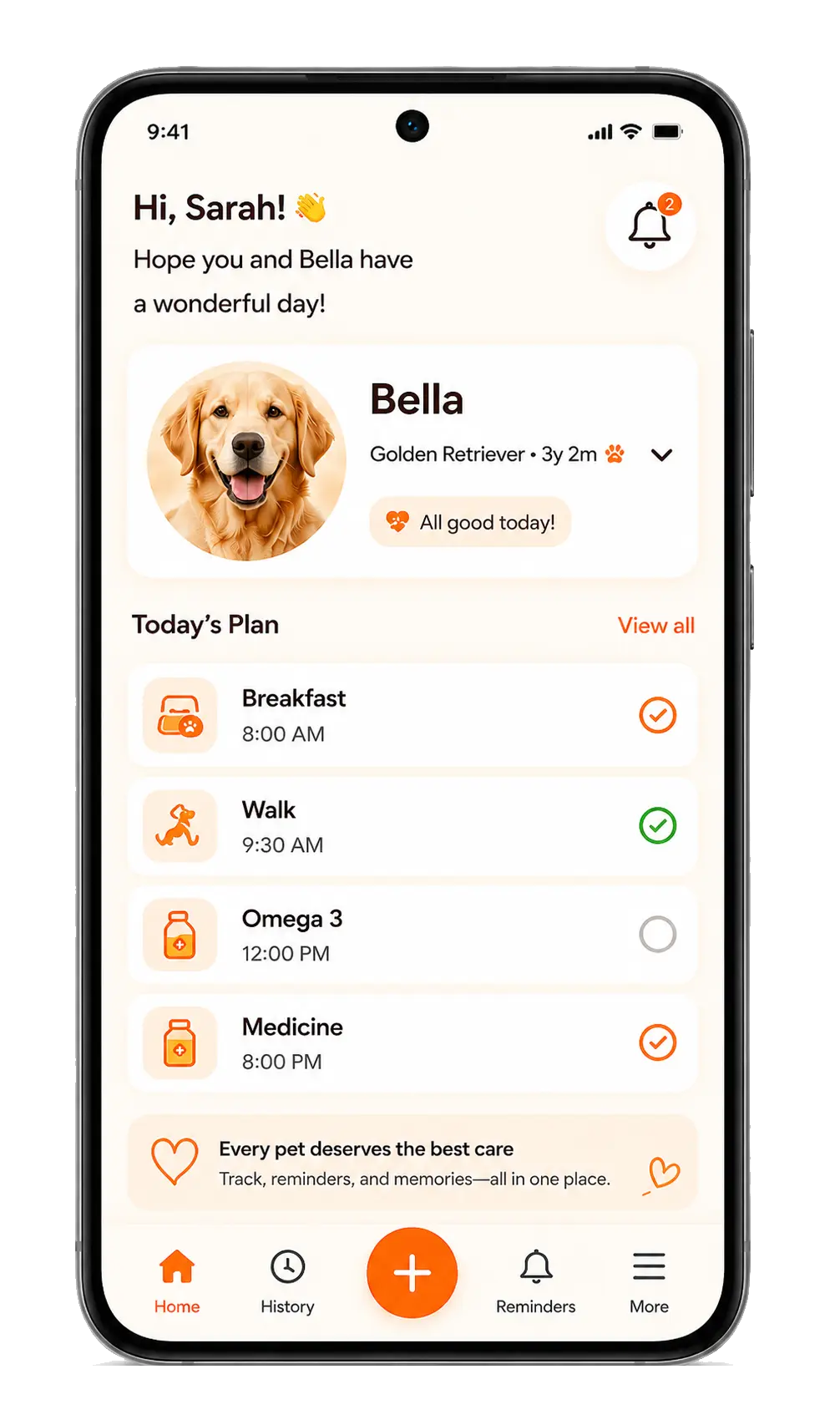 PetCare Log app dashboard screen