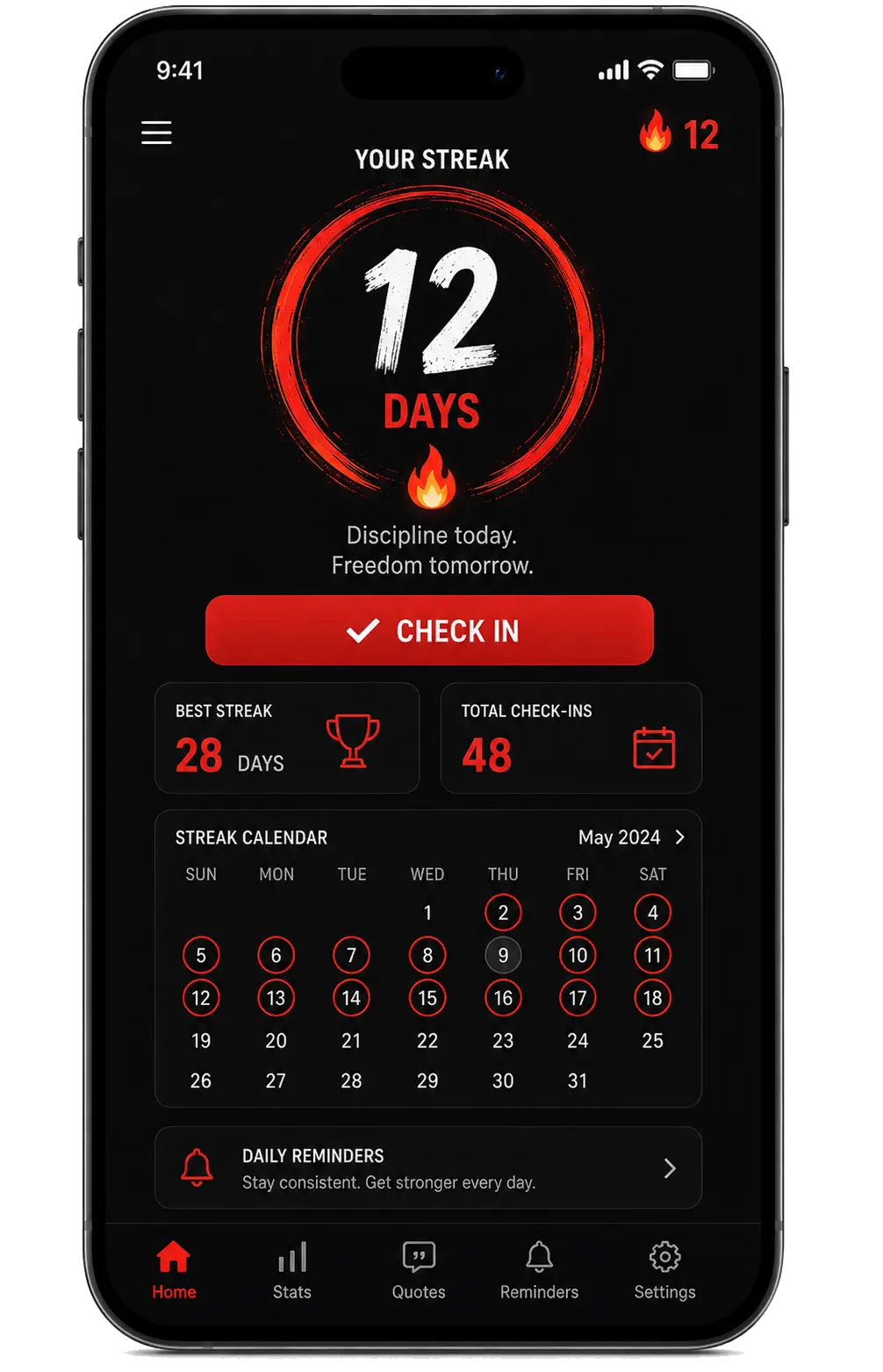 Zero Reset discipline streak tracker app screen