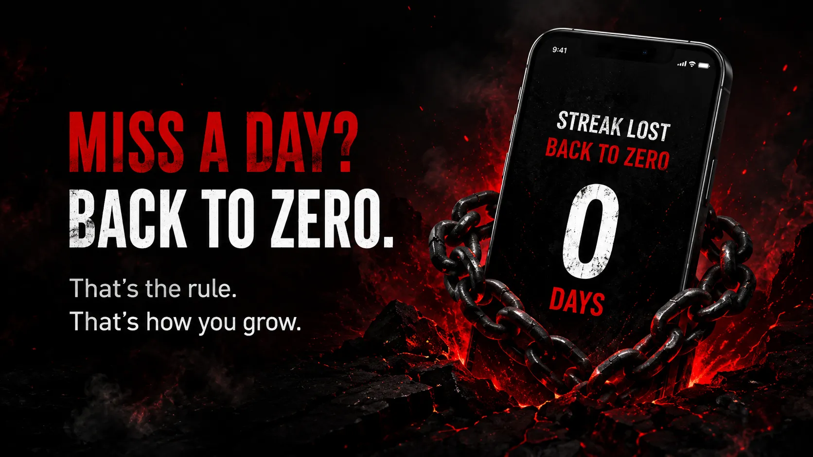Zero Reset streak lost screen showing miss a day back to zero message and chained phone with 0 days