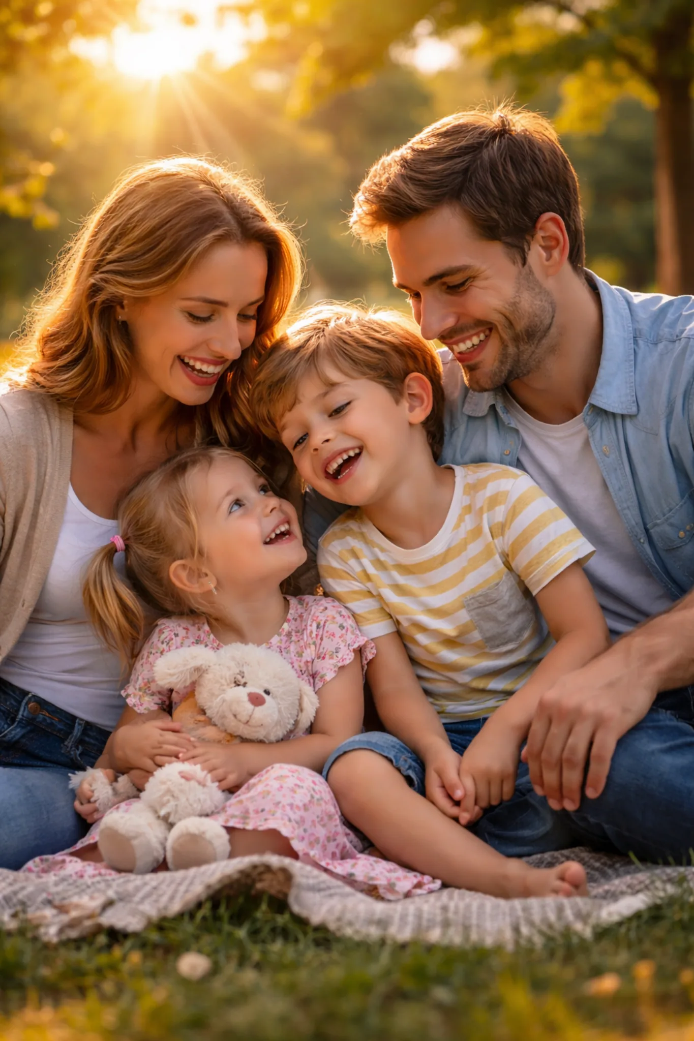Parents enjoying a peaceful family bedtime moment with a bedtime stories app for kids